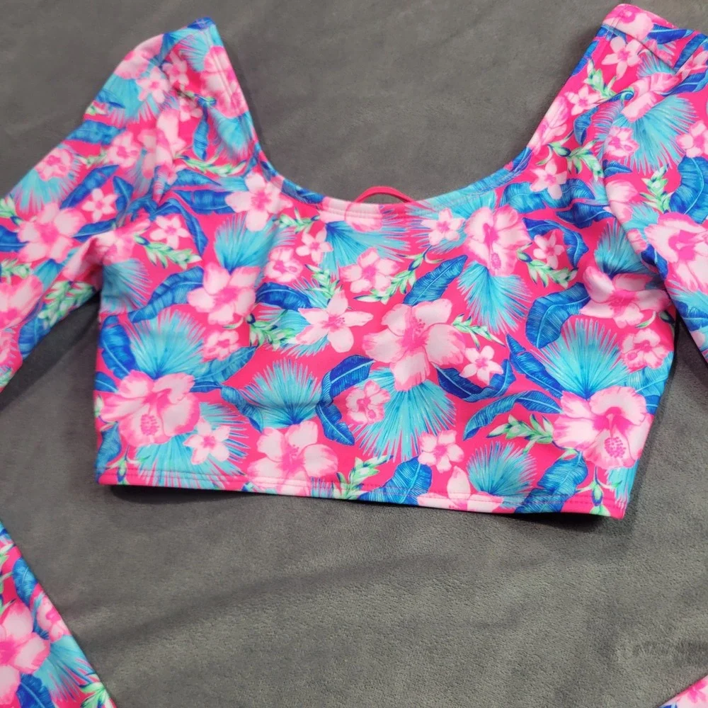 Art Class Girls XL 14 Tropical Floral Long Sleeve Bikini Top Pink Blue 222014967